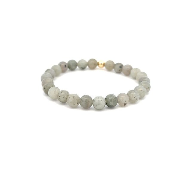 Natural Labradorite 6mm Stretchable Bracelet 18k Gold Bead Charm - Picture 4 of 5